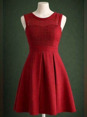 ModCloth Red Sleeveless Fit and Flare Dress with Sweetheart Mesh Neckline XS
